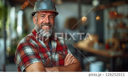 portrait of a smiling man in work clothes and a hard hat. He is a lumberjack 126252011