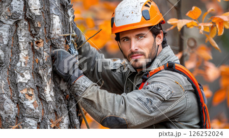 portrait of a smiling man in work clothes and a hard hat. He is a lumberjack 126252024