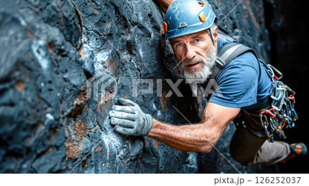 portrait of a smiling man in work clothes and a hard hat. He is a lumberjack 126252037