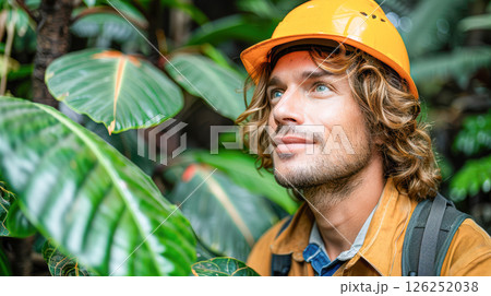 portrait of a smiling man in work clothes and a hard hat. He is a lumberjack 126252038