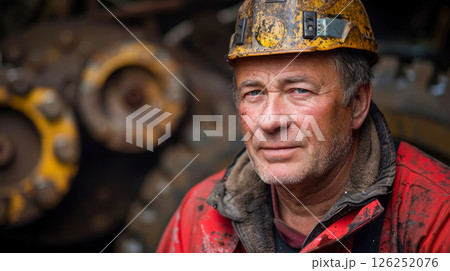 portrait of a smiling man in work clothes and a hard hat. He is a lumberjack portrait of a smiling man in work clothes and a hard hat. He is a lumberjack 126252076