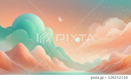 A vivid twilight landscape unfolds with enormous pastel mountains embracing a serene body of water. Two celestial bodies hover above while stars twinkle in the soft atmospheric glow Generative AI A vivid twilight landscape unfolds with enormous pastel mountains embracing a serene body of water. Two celestial bodies hover above while stars twinkle in the soft atmospheric glow Generative AI 126252110