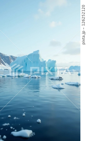 Cold, glistening icebergs float peacefully in calm waters, surrounded by distant mountains, reflecting the tranquility of a beautiful Arctic morning Generative AI 126252120