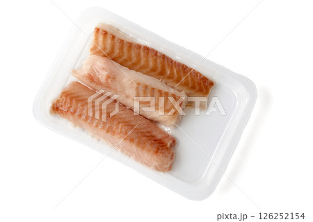 quick shock frozen cod fillet in vacuum packaging isolated on white background 126252154