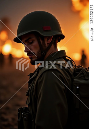 A soldier stands in profile, deep in thought, as flickering flames illuminate the darkening sky. Shadows of comrades loom behind them in a scene of tension and resilience Generative AI 126252171