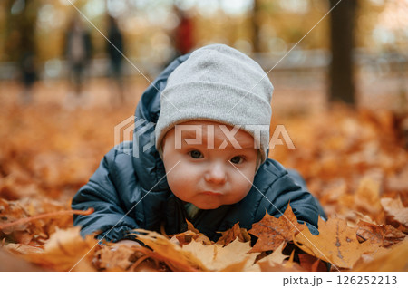 Little boy is layind down on the ground that covered with autumn fallen leaves Little boy is layind down on the ground that covered with autumn fallen leaves 126252213
