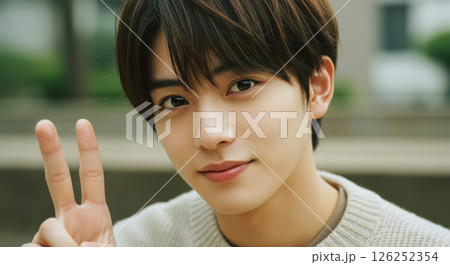 カメラ目線でピースサインをする若い日本人男性のクローズアップポートレート（AI生成画像） 126252354