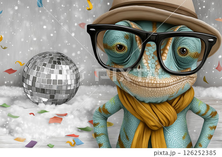 Stylish chameleon celebrating new year's eve with disco ball and confetti 126252385
