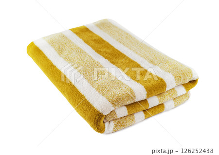 Carefully folded soft striped bath yellow towel isolated on white background 126252438
