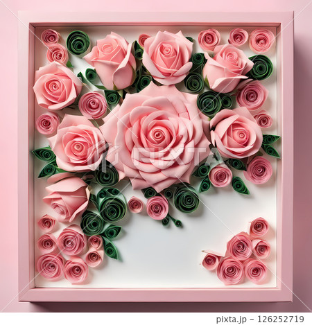 A beautiful display of handcrafted pink roses adorns a blank card, surrounded by intricately quilled accents that enhance its charm. Ideal for expressing heartfelt sentiments Generative AI 126252719