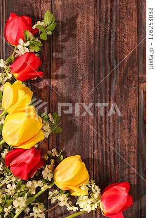 Still life with beautiful spring blooming tulips and cherry branches.Abstract floral arrangement on elegant sunny background,Floral holiday card with summer greeting concept,screen banner Still life with beautiful spring blooming tulips and cherry branches.Abstract floral arrangement on elegant sunny background,Floral holiday card with summer greeting concept,screen banner 126253038