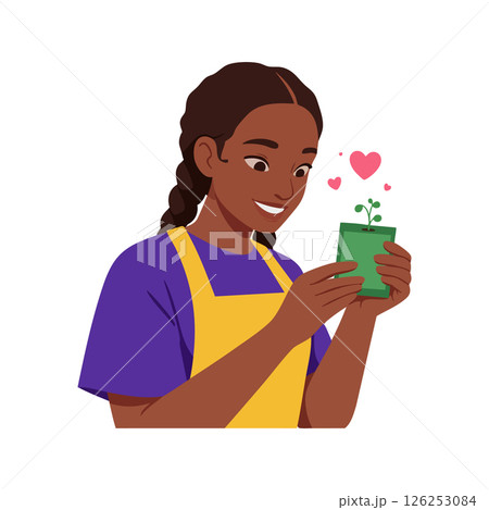 Woman Holding Small Plant with Hearts Above in Yellow Apron and Purple Shirt Vector Illustration 126253084