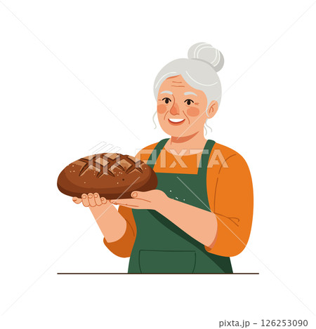 Elderly woman holding freshly baked bread smiling warmly vector illustration Elderly woman holding freshly baked bread smiling warmly vector illustration 126253090