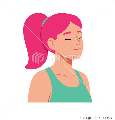 Young woman with pink hair in ponytail wearing turquoise top calm and relaxed vector illustration Young woman with pink hair in ponytail wearing turquoise top calm and relaxed vector illustration 126253105