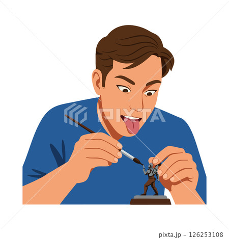 Man Painting Miniature Figurine Hobby Art Blue Shirt Focused Expression 126253108