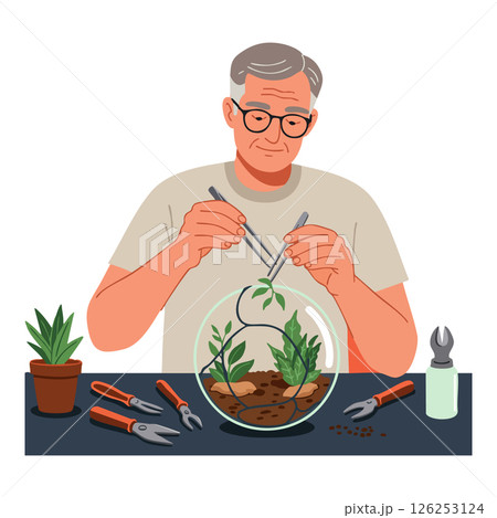Man Creating Glass Terrarium with Green Plants and Gardening Tools Vector Illustration Man Creating Glass Terrarium with Green Plants and Gardening Tools Vector Illustration 126253124