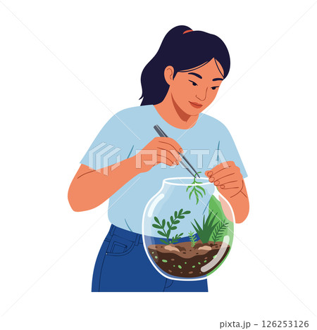 Woman Creating Indoor Terrarium with Green Plants in Glass Container Artistic Vector Illustration 126253126