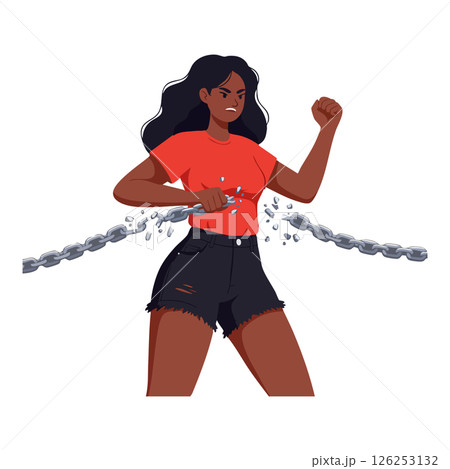 Woman breaking chains symbolizing freedom and empowerment in red shirt and black shorts vector illustration Woman breaking chains symbolizing freedom and empowerment in red shirt and black shorts vector illustration 126253132