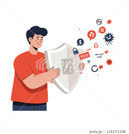 Man Holding Shield Protecting Against Cyber Threats and Online Security Risks Illustration 126253146