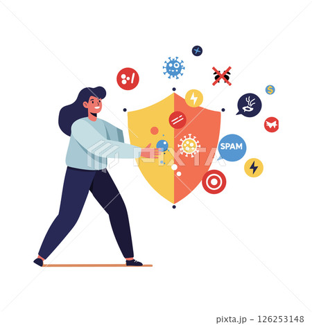 Woman holding shield protecting against viruses spam and cyber threats vector illustration 126253148