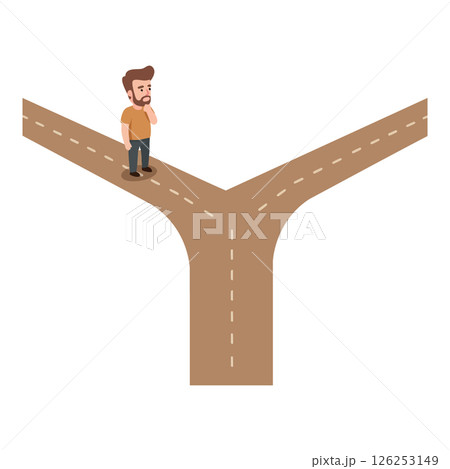 Man standing thinking at forked road decision crossroads vector illustration 126253149