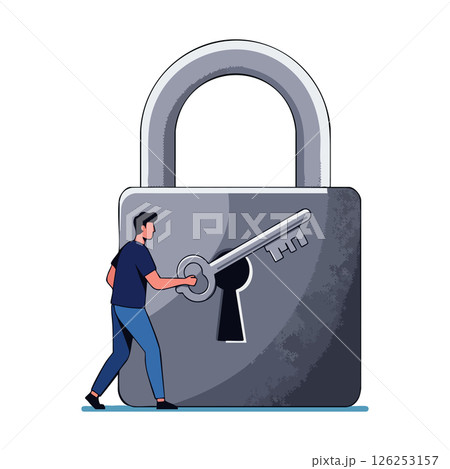 Man unlocking giant padlock with key security concept vector illustration 126253157