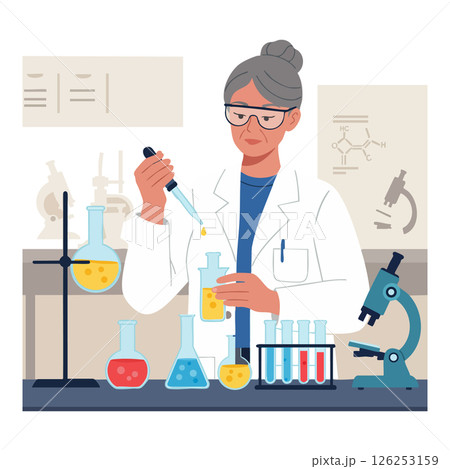 Female scientist conducting chemical experiment in laboratory with test tubes and microscope vector illustration 126253159