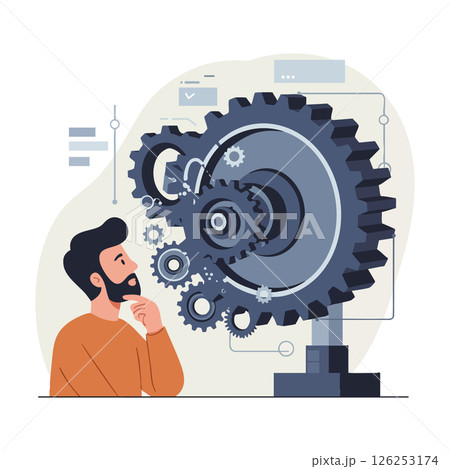Man analyzing complex industrial gear mechanism for engineering and technology innovation vector illustration Man analyzing complex industrial gear mechanism for engineering and technology innovation vector illustration 126253174