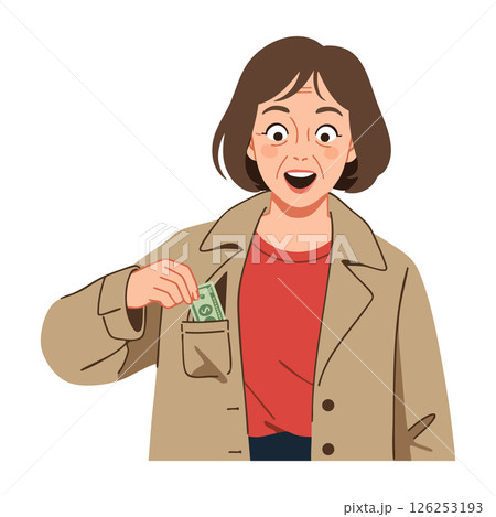Middle Aged Woman Putting Dollar Bill in Coat Pocket Vector Illustration 126253193