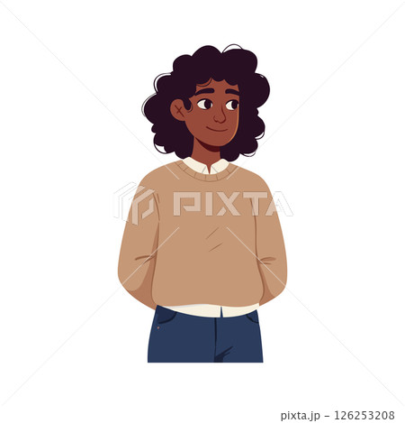 Young person with curly hair wearing brown sweater and blue jeans vector illustration 126253208