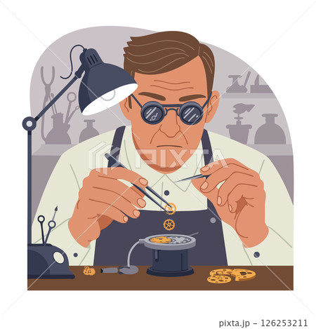 Watchmaker repairing vintage clock gears with precision tools at workbench vector illustration Watchmaker repairing vintage clock gears with precision tools at workbench vector illustration 126253211
