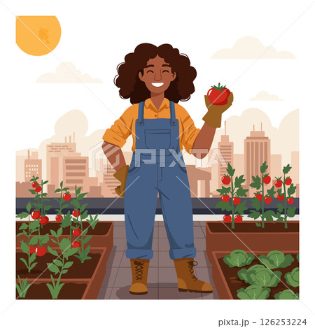 Urban woman gardener harvesting tomato in rooftop garden with city skyline background Urban woman gardener harvesting tomato in rooftop garden with city skyline background 126253224