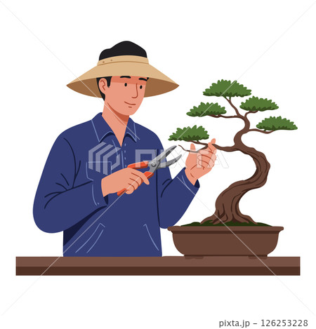 Bonsai Tree Care by Gardener Pruning Small Branches with Shears Vector Illustration Bonsai Tree Care by Gardener Pruning Small Branches with Shears Vector Illustration 126253228