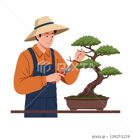 Man trimming bonsai tree with pruning shears in garden hat and apron vector illustration 126253229