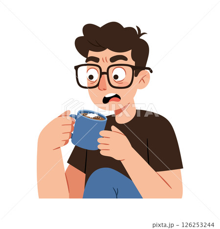 Young man drinking coffee with surprised expression vector illustration 126253244