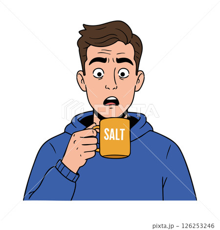 Surprised man holding orange salt mug wearing blue hoodie vector illustration 126253246