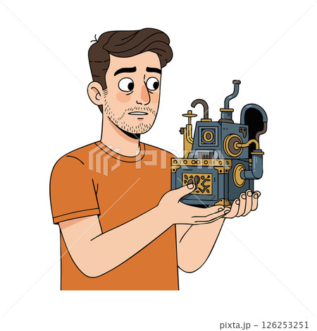 Man in orange shirt holding vintage steampunk mechanical device vector illustration Man in orange shirt holding vintage steampunk mechanical device vector illustration 126253251