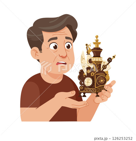 Man holding vintage steampunk style mechanical clock with surprised expression vector illustration 126253252