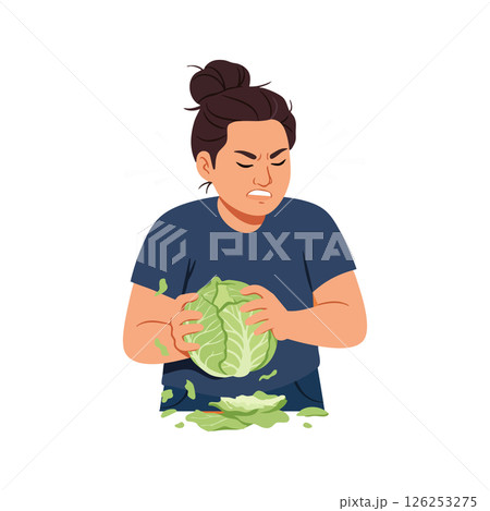 Woman struggling to crush fresh green cabbage with hands vector illustration 126253275