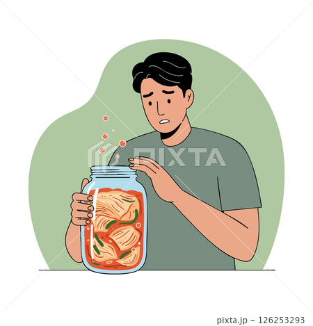 Man holding jar of fermenting kimchi with vegetables and spices illustration 126253293