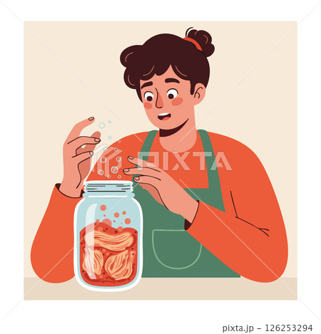 Woman preparing homemade kimchi in jar with orange and green colors vector illustration 126253294