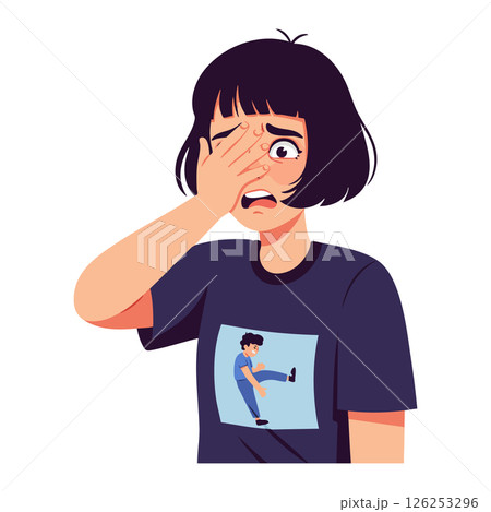 Young woman with short hair covering face in worry or fear vector illustration 126253296