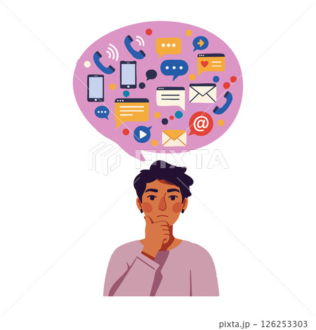Young person thinking with communication icons and digital messaging symbols vector illustration Young person thinking with communication icons and digital messaging symbols vector illustration 126253303