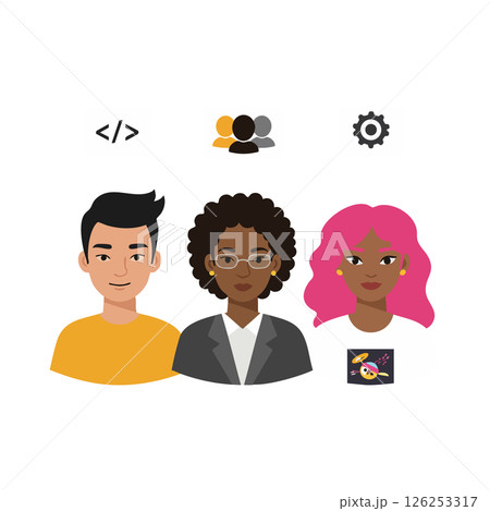 Diverse group of three people with coding and gear icons teamwork vector illustration Diverse group of three people with coding and gear icons teamwork vector illustration 126253317