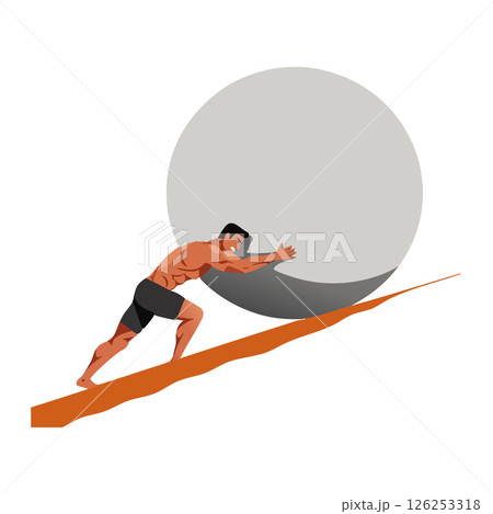 Man pushing large boulder uphill symbolizing effort and struggle vector illustration 126253318