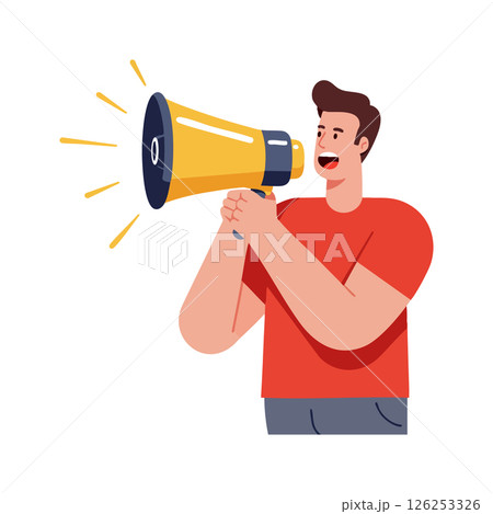 Man shouting into yellow megaphone with red shirt vector illustration 126253326