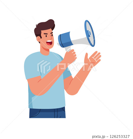 Young man speaking through megaphone announcement and communication vector illustration 126253327