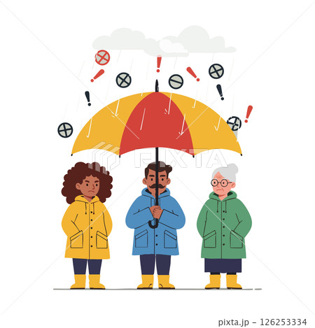 Diverse People Sharing Umbrella with Rain and Exclamation Symbols Vector Illustration Diverse People Sharing Umbrella with Rain and Exclamation Symbols Vector Illustration 126253334