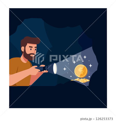 Man with flashlight discovering gold coins treasure in dark cave vector illustration Man with flashlight discovering gold coins treasure in dark cave vector illustration 126253373