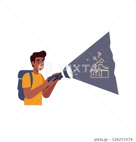 Young man exploring science with flashlight and backpack vector illustration 126253374